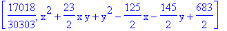 [17018/30303, x^2+23/2*x*y+y^2-125/2*x-145/2*y+683/2]